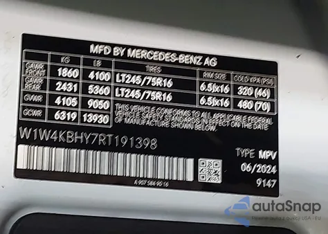 2024 Mercedes-Benz Sprinter 2500 Standard Roof 4-Cyl Diesel z USA, uszkodzony, nr VIN W1W4KBHY7RT191398